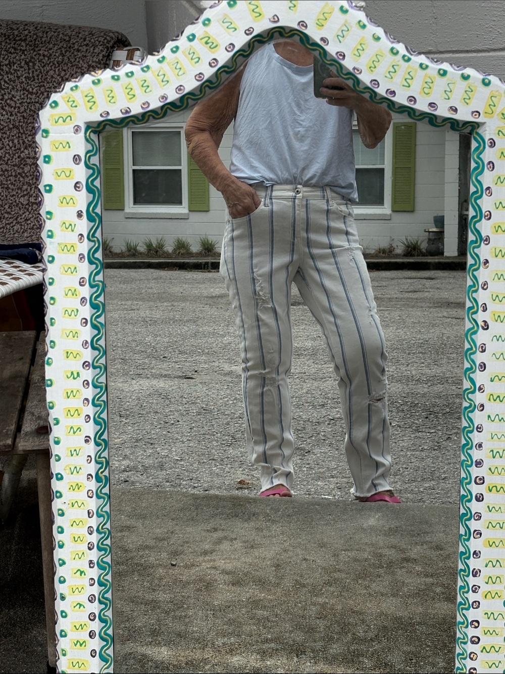 Striped Ankle Cropped Jeans in White & Light Blue - - Picture 7 of 8